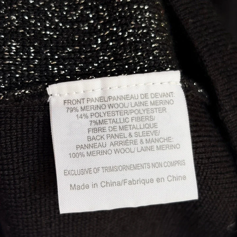 Tory Burch Merino Wool Split Neck Sweater Small Metallic Black Silver Shimmer